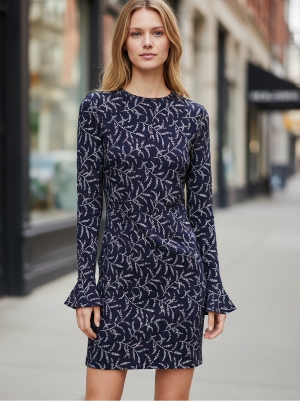 Michael Kors Navy Blue Floral Bell Sleeve Sheath Dress (001)